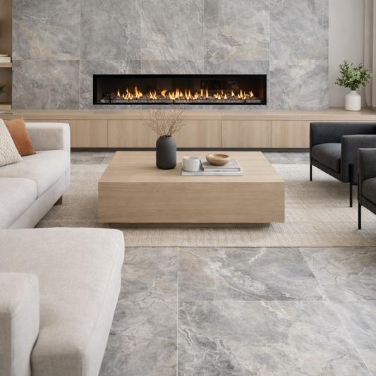 Earth River Porcelain Floor and Wall Tile in Stone Grey installed in a modern living room with fireplace.