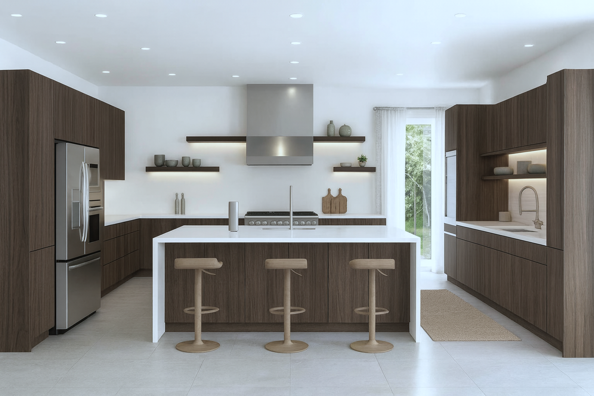 Upscale mid-century modern commercial kitchen design featuring full-overlay Indian Light Walnut laminate frameless cabinets.