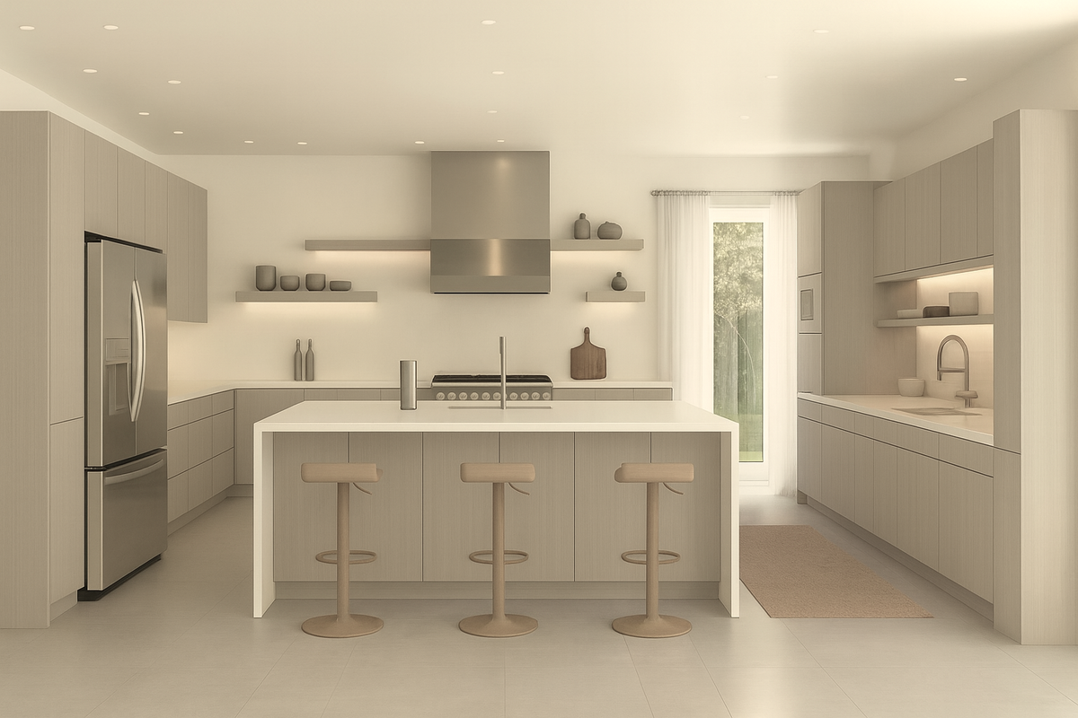 Coastal modern commercial kitchen design featuring full-overlay Fog Oak laminate frameless cabinets.
