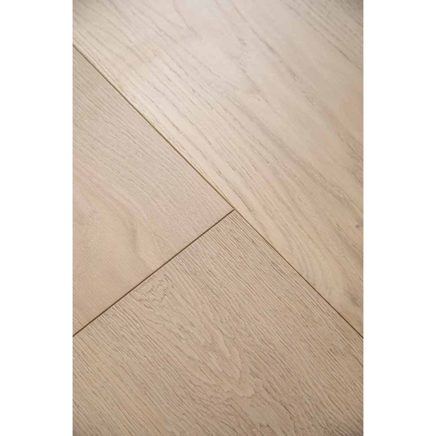Close-up texture of brushed finish and natural knots on Stella 817 bleached white oak plank.