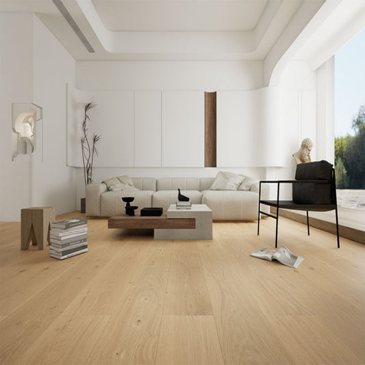 Luxury living room featuring Stella 804 super-wide roasted pecan oak engineered hardwood floor.
