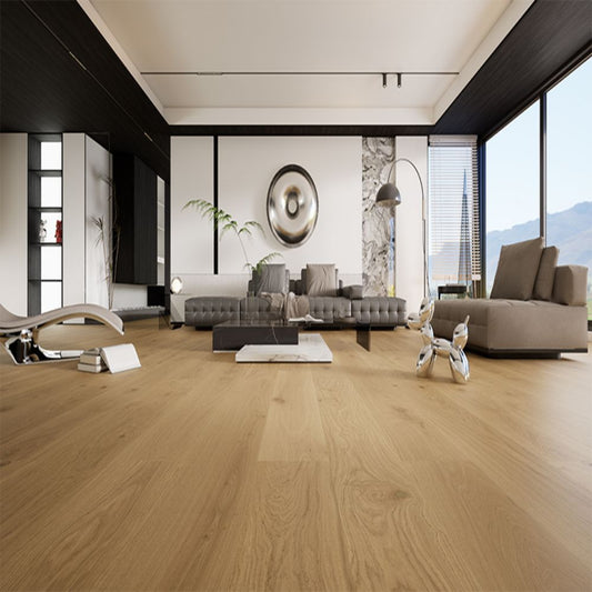 Luxury living room featuring Stella 807 super-wide smoked espresso oak engineered hardwood floor.