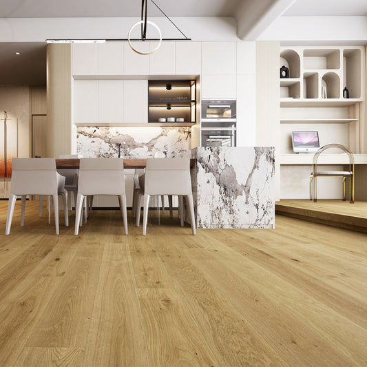 Modern living room featuring Vandyck Lusso 231 truffle brown European oak engineered hardwood floor.