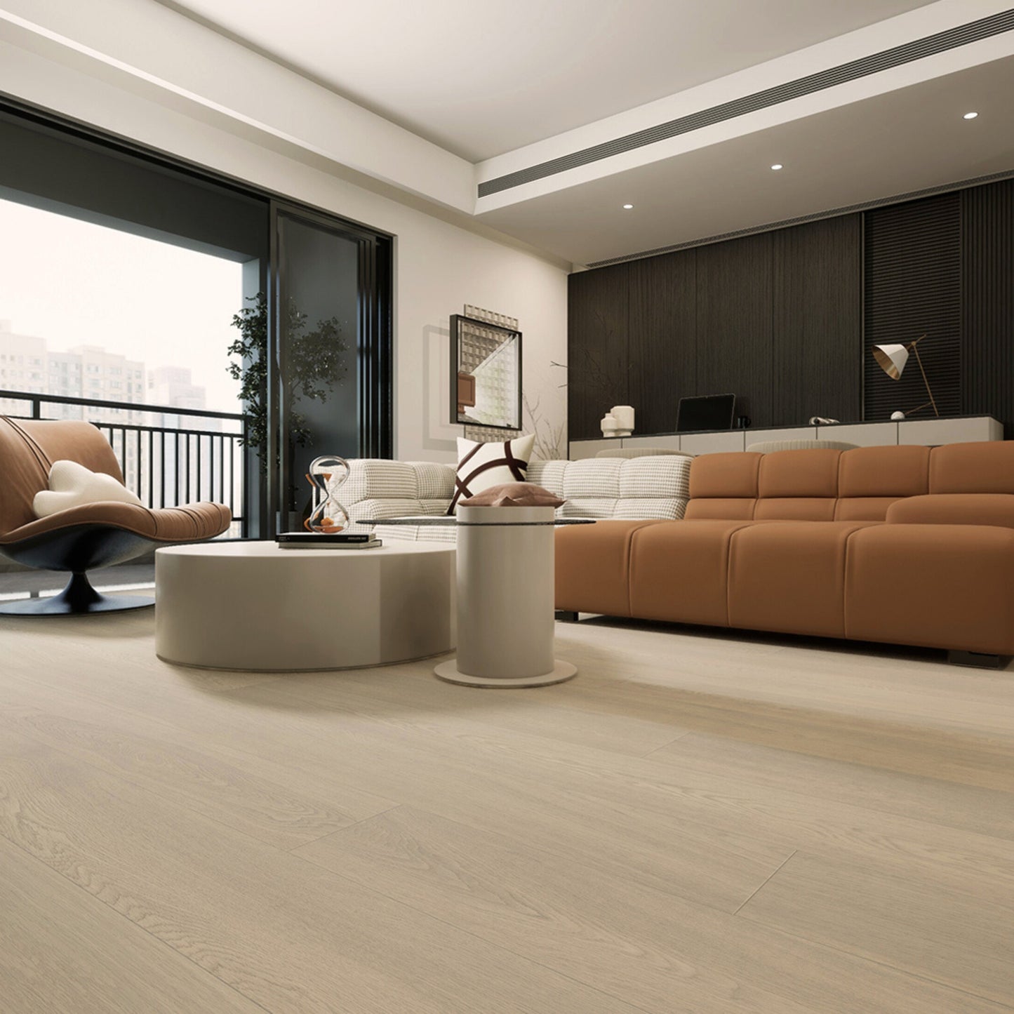 Close-up texture of wire-brushed finish on Vandyck Lusso 219 weathered European oak plank.