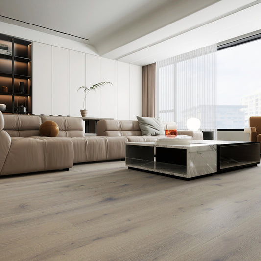 Modern living room featuring Vandyck Lusso 215 European white oak engineered hardwood floor.