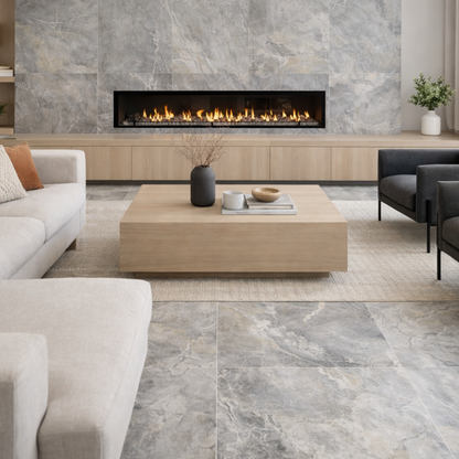 Earth River Porcelain Floor and Wall Tile in Stone Grey installed in a modern living room with fireplace.