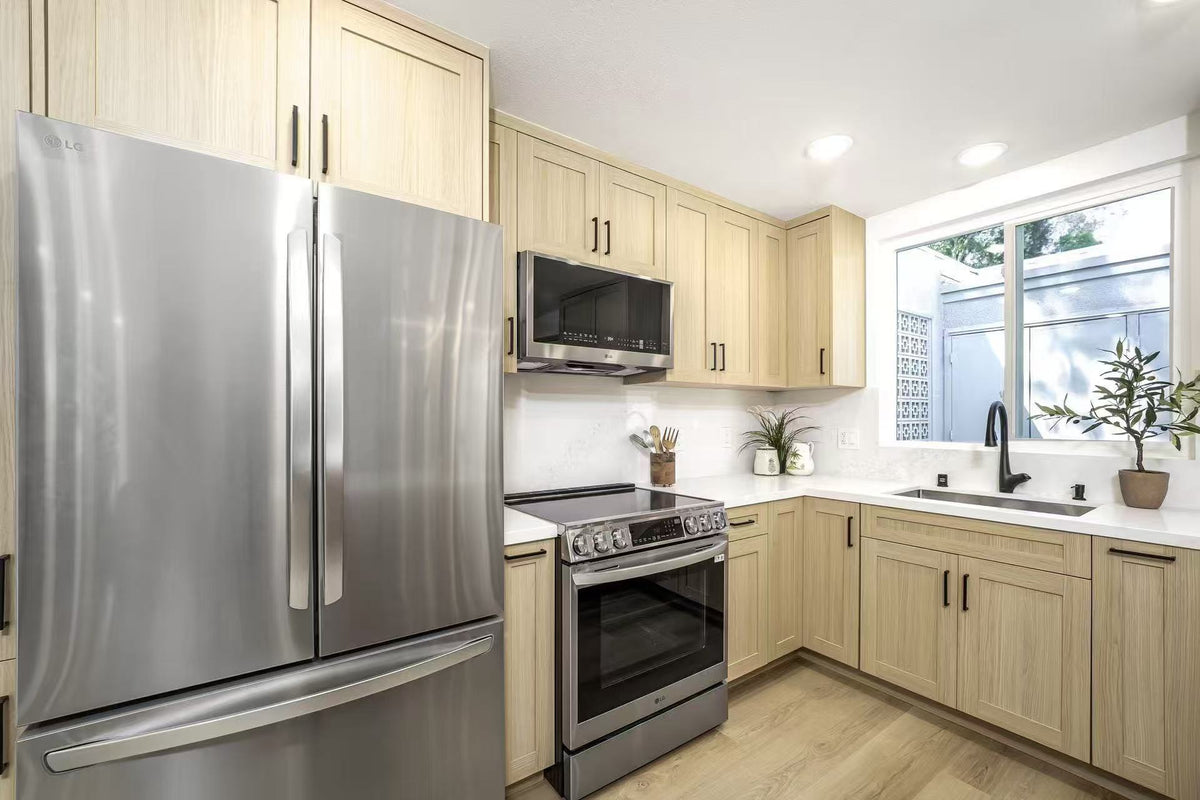 Transitional commercial kitchen design featuring full-overlay Modern Oak laminate Shaker cabinet doors and premium hardware.