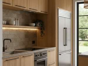 Luxury commercial kitchen and executive office design featuring full-overlay Swiss Walnut laminate frameless cabinets.