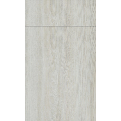Front view of Artisan White Oak laminate frameless cabinet door with textured wood grain finish.