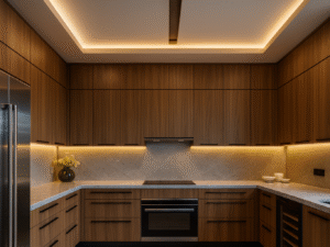 Luxury contemporary commercial kitchen design featuring full-overlay Barcelona Dark Oak laminate frameless cabinets.