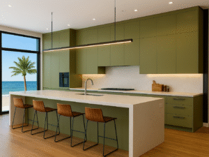 Modern commercial kitchen design featuring full-overlay Bean-Paste Green laminate frameless cabinets with an earthy sage tone.