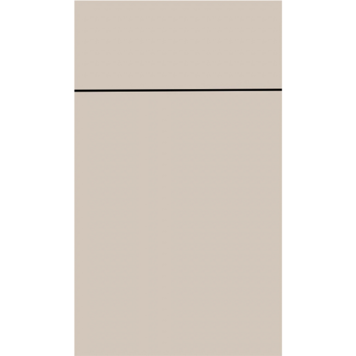 Front face of Cashmere laminate cabinet door showing a smooth, sophisticated warm taupe-grey finish.