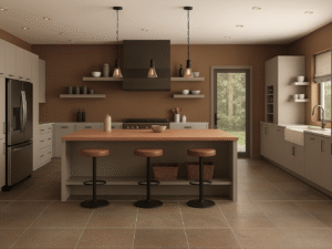 Upscale commercial kitchen design featuring full-overlay Cashmere laminate frameless cabinets with a warm neutral palette.