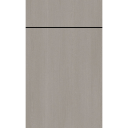 Front face of Fog Oak laminate cabinet door showcasing a textured, misty grey wood grain finish.