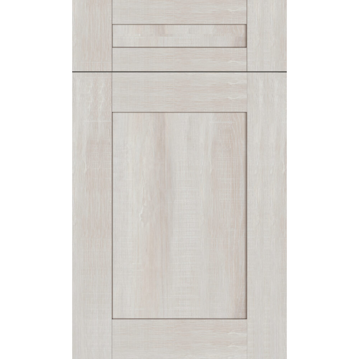 Front face of Genesis Sliced Oak laminate cabinet door showing classic Shaker recessed panel and textured sliced wood grain.