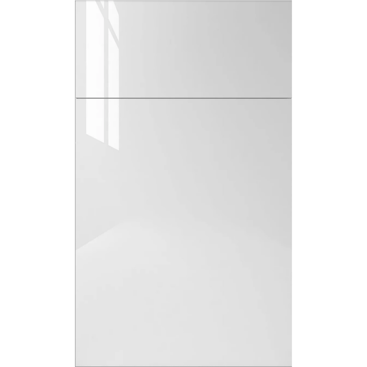 Front face of Glossy White high-gloss laminate cabinet door showing a sleek, mirror-like reflective finish.