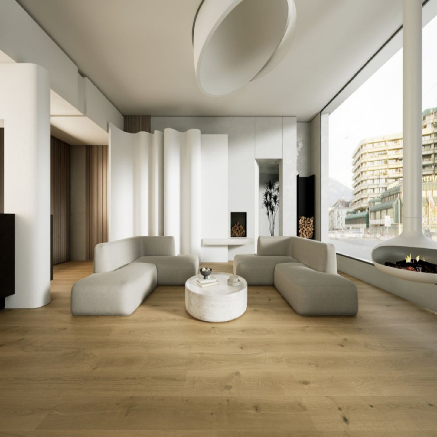 Modern living room featuring Innato 902 warm chestnut oak engineered hardwood floor.