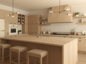 Coastal modern commercial kitchen design featuring full-overlay Maine Oak laminate frameless cabinets.