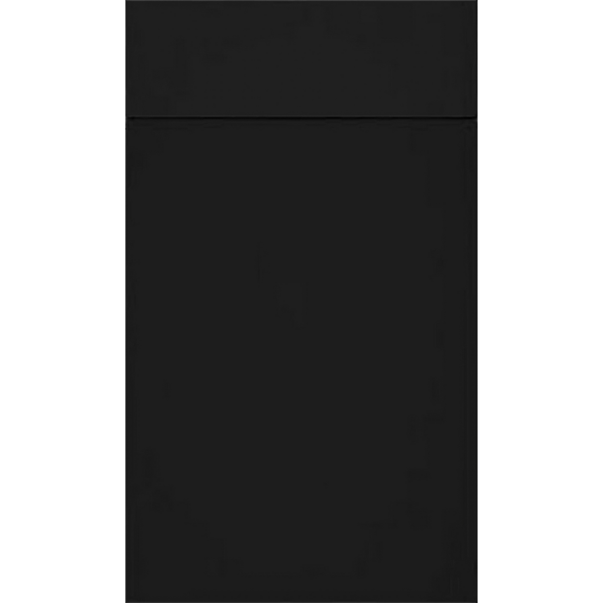Front face of Matte Black PMB laminate cabinet door showing a premium, anti-fingerprint ultra-matte dark finish.