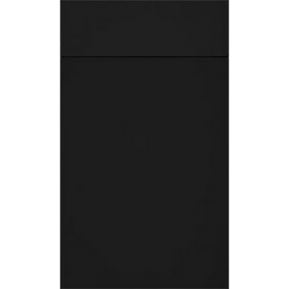 Front face of Matte Black PMB laminate cabinet door showing a premium, anti-fingerprint ultra-matte dark finish.