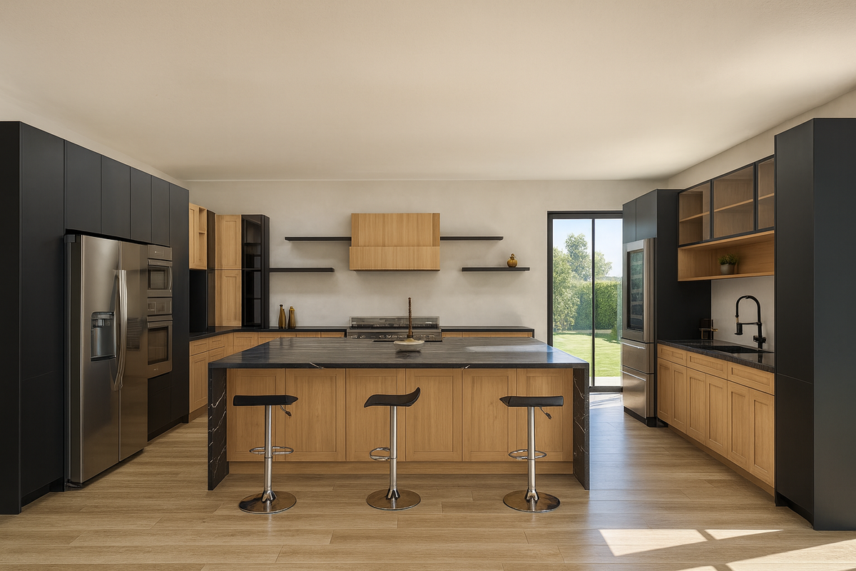 Modern industrial commercial kitchen design featuring full-overlay Matte Black laminate frameless cabinets with anti-fingerprint technology.