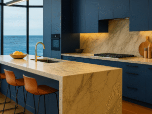 Contemporary two-tone commercial kitchen design featuring full-overlay Matte Blue laminate frameless base cabinets with anti-fingerprint technology.