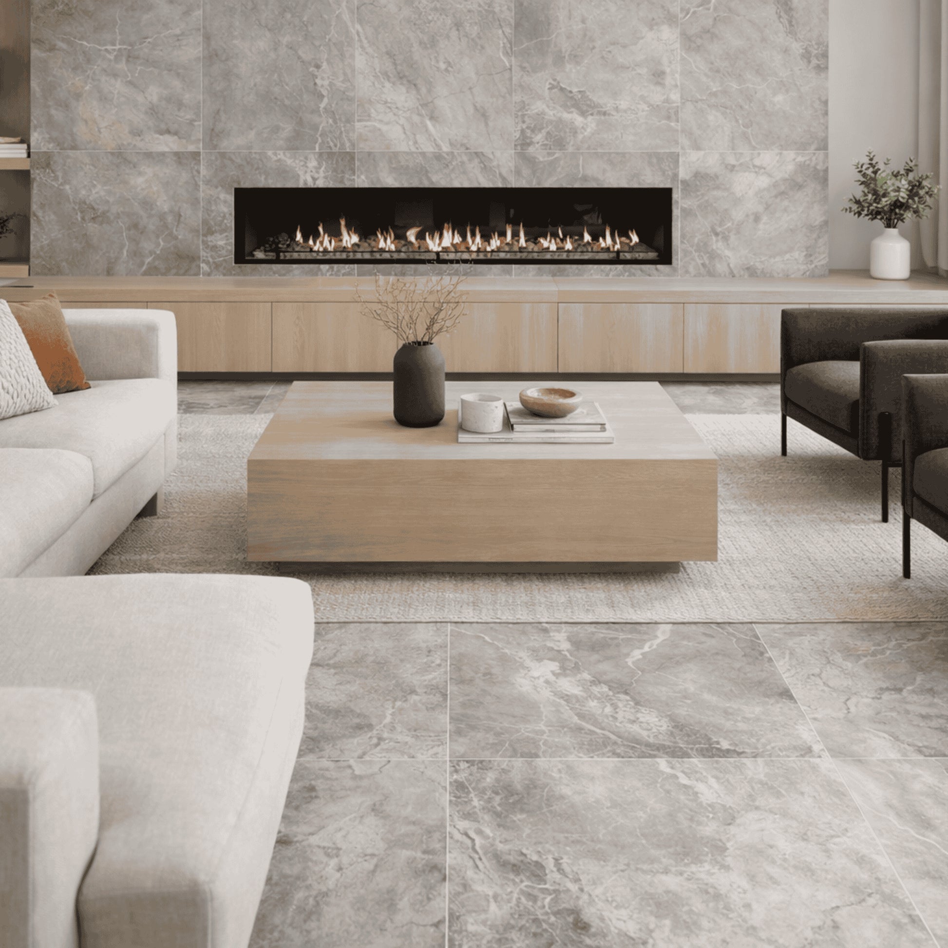 Modern living room featuring Earth River Porcelain Tile.