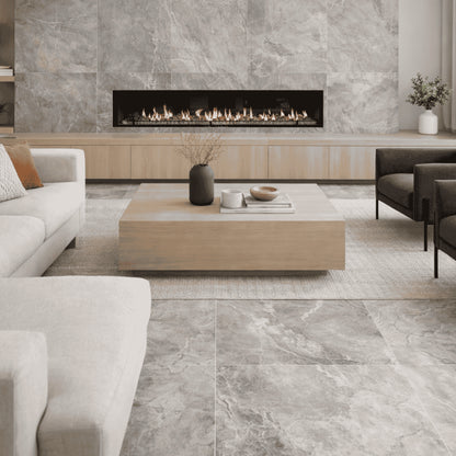 Modern living room featuring Earth River Porcelain Tile.