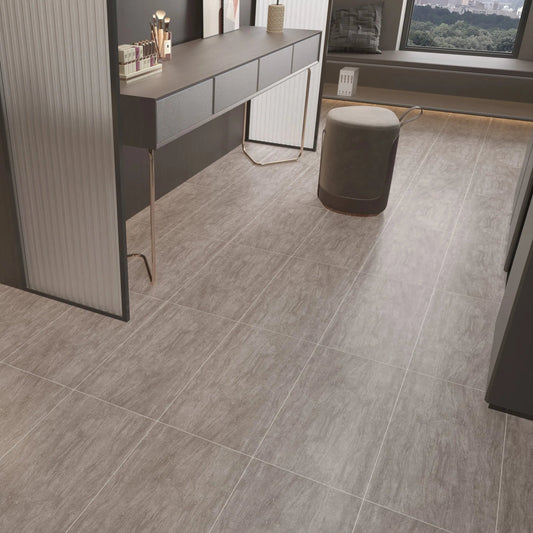 Refined Minimalism Modern Living Room featuring Brushes French Grey Porcelain Tile.