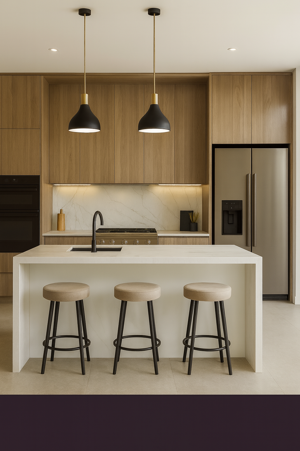 Organic modern commercial kitchen design featuring full-overlay Moonnut laminate frameless cabinets.