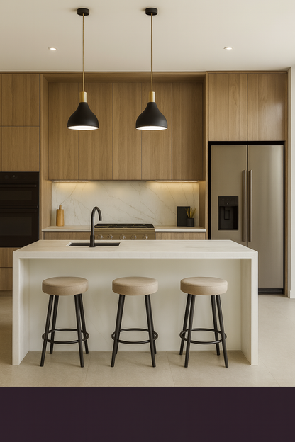 Organic modern commercial kitchen design featuring full-overlay Moonnut laminate frameless cabinets.