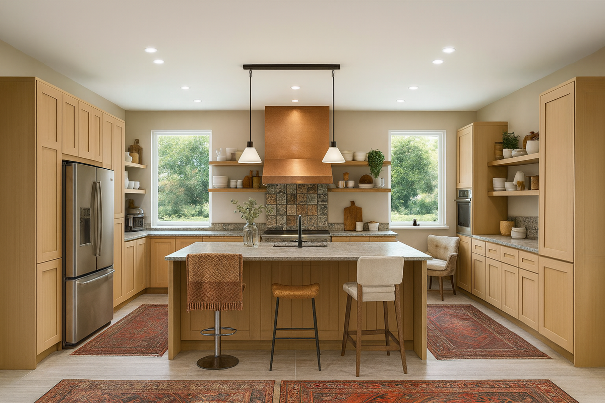 Organic modern commercial kitchen design featuring full-overlay Natural Wood laminate Shaker cabinet doors and natural stone countertops.