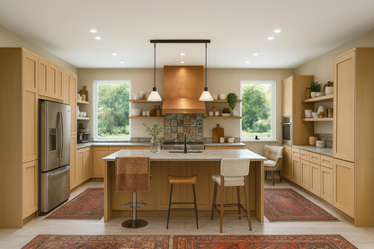 Organic modern commercial kitchen design featuring full-overlay Natural Wood laminate Shaker cabinet doors and natural stone countertops.