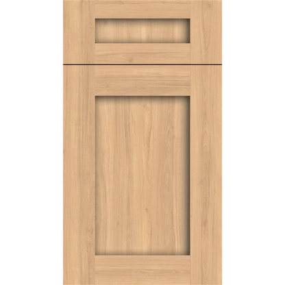 Front face of Natural Wood laminate cabinet door showcasing a classic 5-piece Shaker profile and authentic organic wood grain texture.
