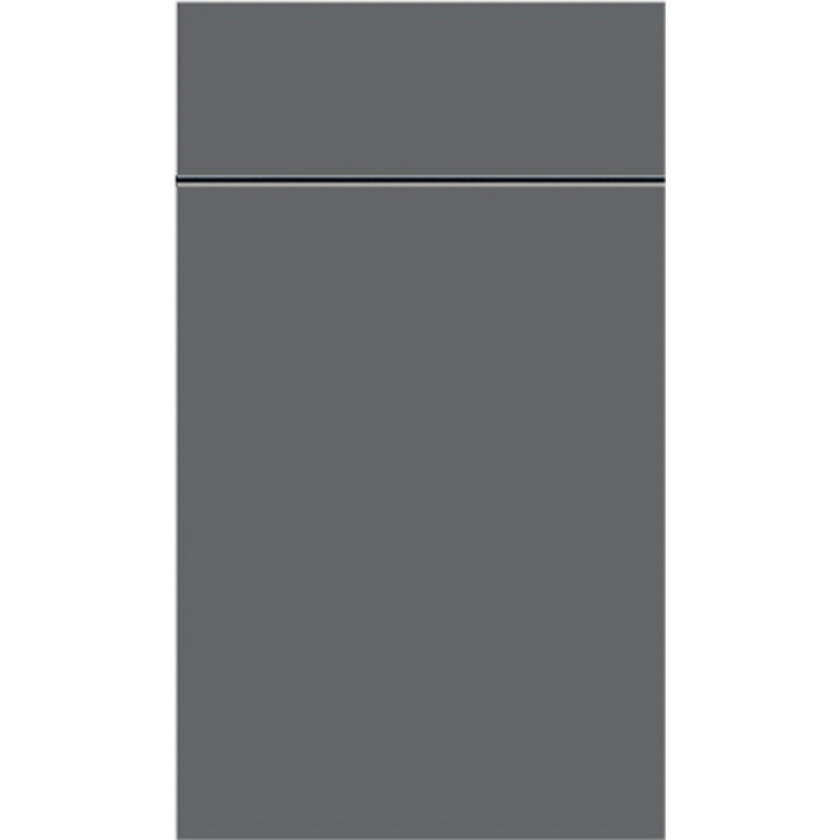 Front face of Prime Matte Grey PMG laminate cabinet door showing a premium, anti-fingerprint ultra-matte grey finish.