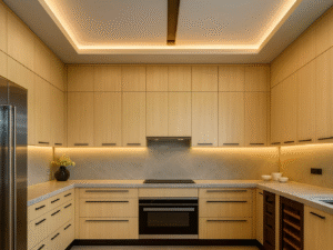 Soft contemporary commercial kitchen design featuring full-overlay Riva Oak laminate frameless cabinets.