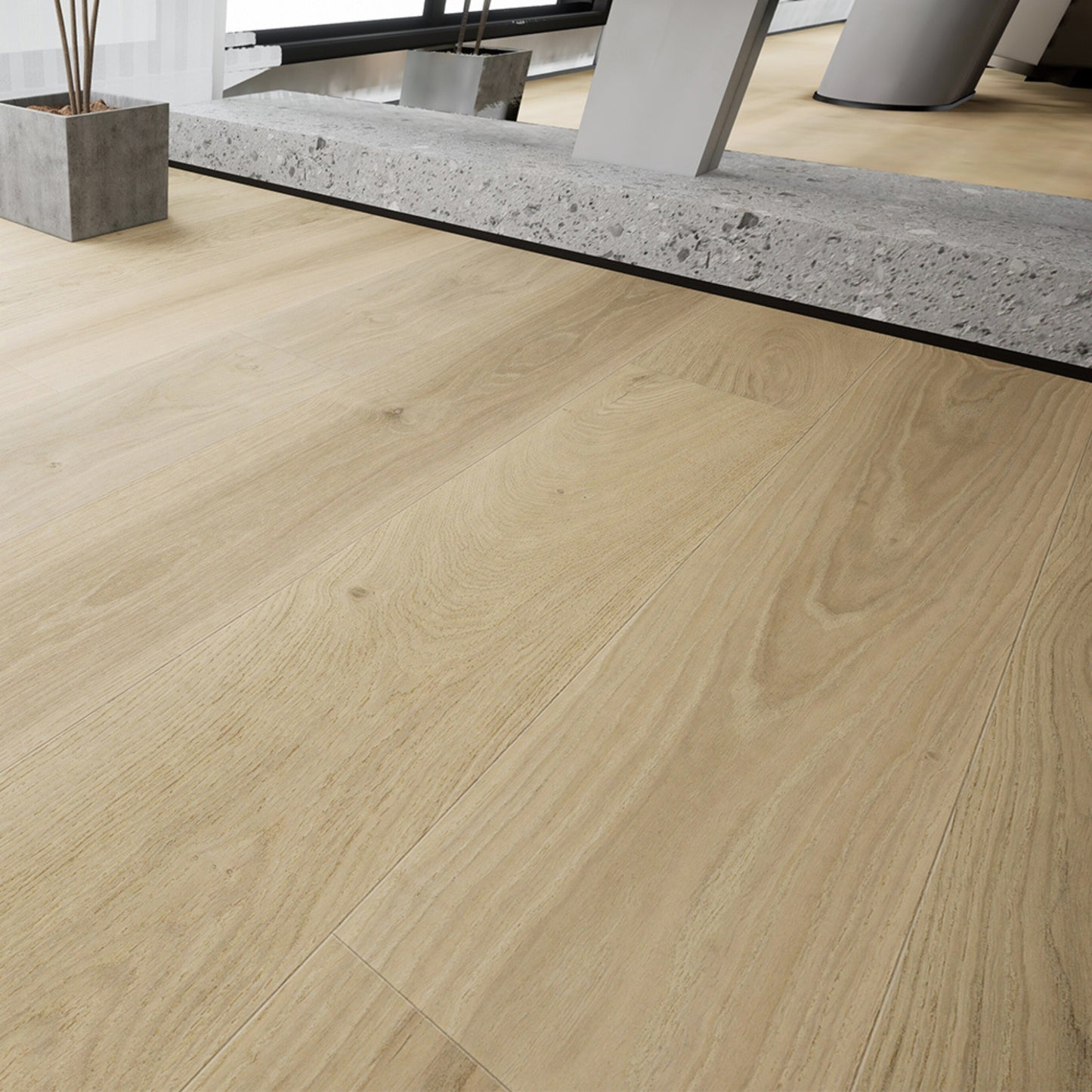Luxury living room featuring Stella 817 super-wide bleached white oak engineered hardwood floor.