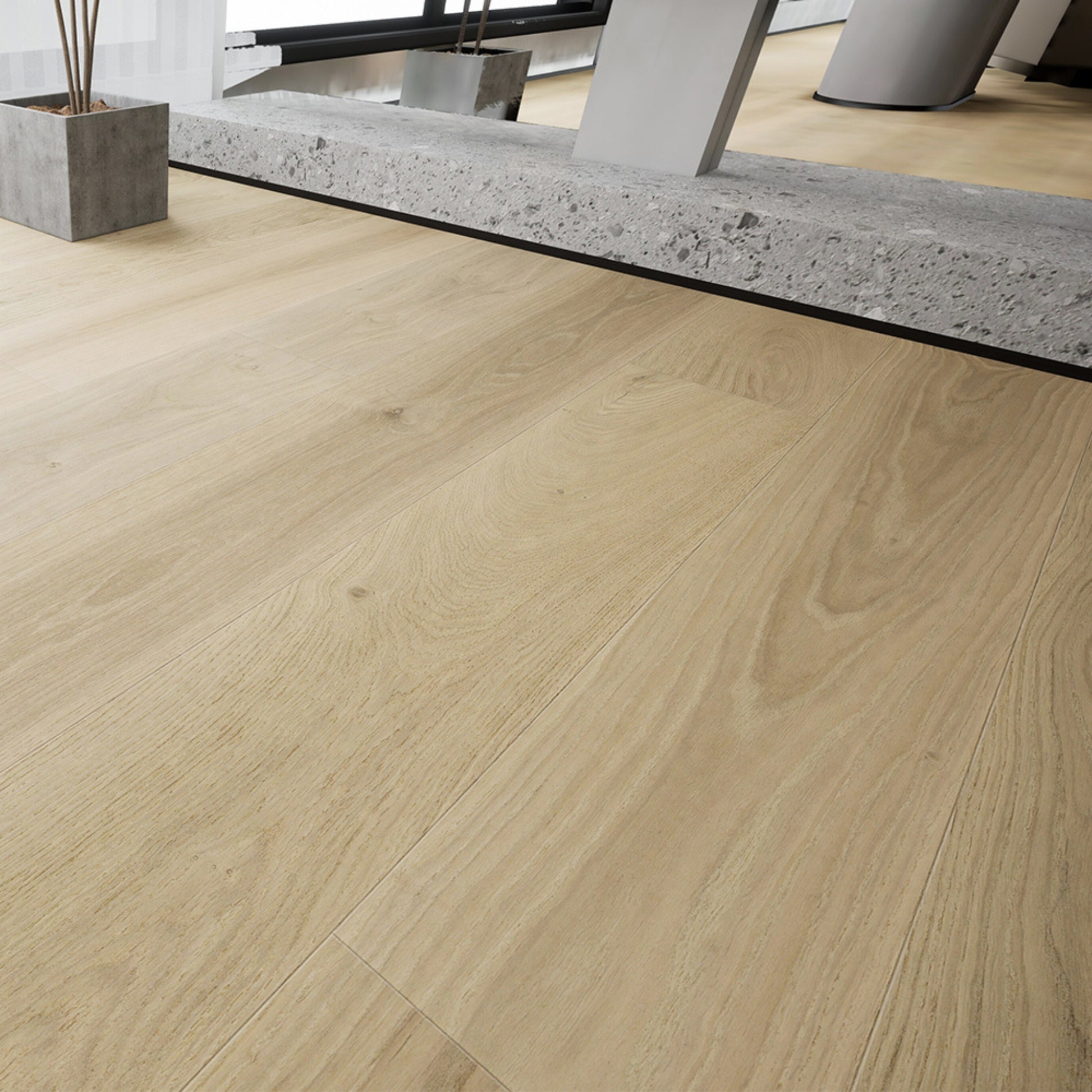 Luxury living room featuring Stella 817 super-wide bleached white oak engineered hardwood floor.