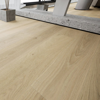 Luxury living room featuring Stella 817 super-wide bleached white oak engineered hardwood floor.