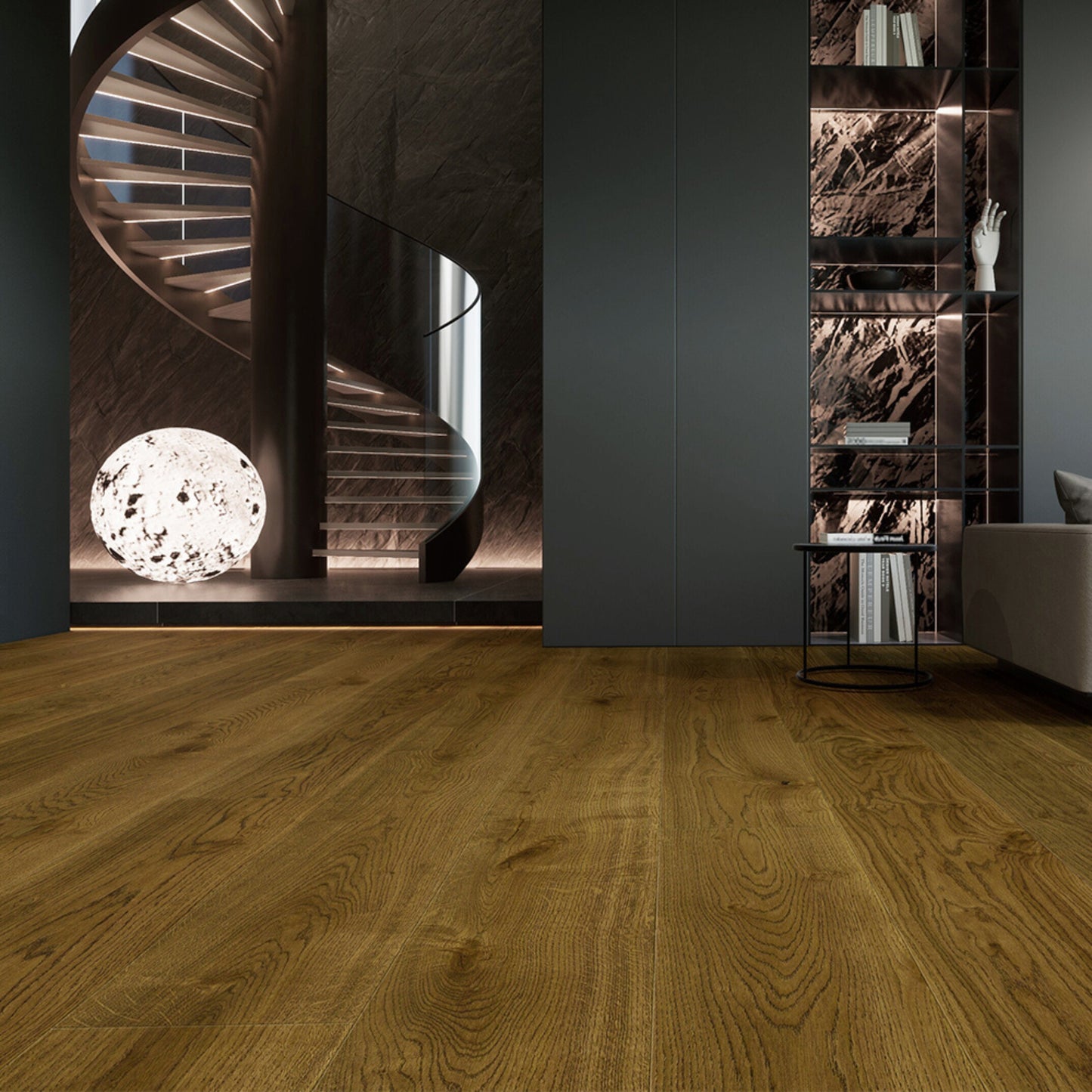 Luxury living room featuring Stella 808 super-wide cognac brown oak engineered hardwood floor.