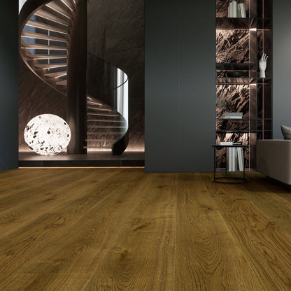 Luxury living room featuring Stella 808 super-wide cognac brown oak engineered hardwood floor.