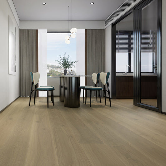 Luxury living room featuring Stella 809 super-wide midnight walnut oak engineered hardwood floor.