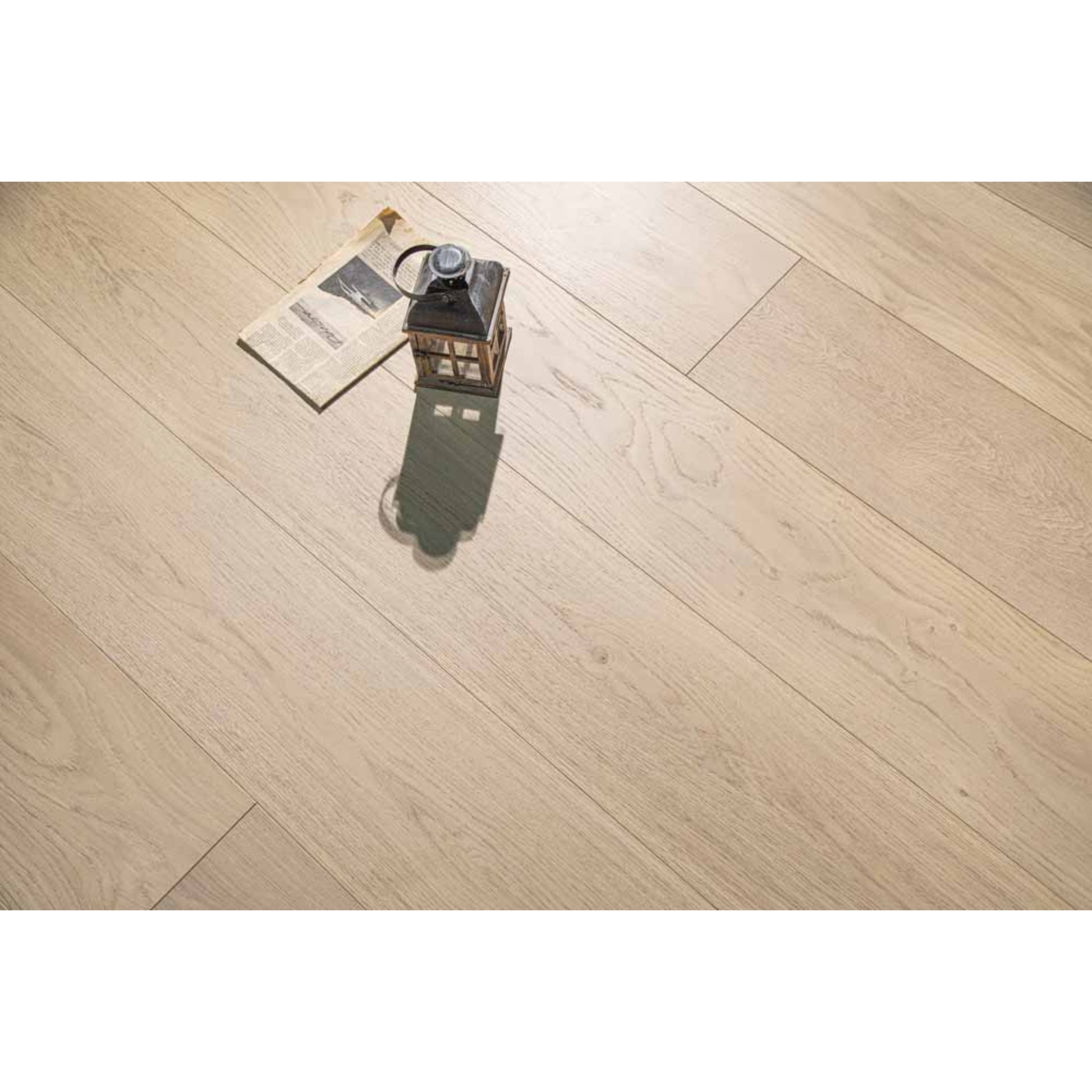 Stella 817 10.24-inch super-wide bleached white oak engineered wood flooring planks showing character grade.