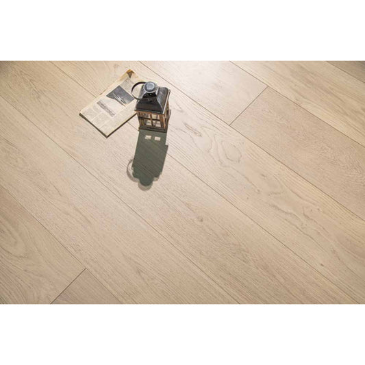 Stella 817 10.24-inch super-wide bleached white oak engineered wood flooring planks showing character grade.