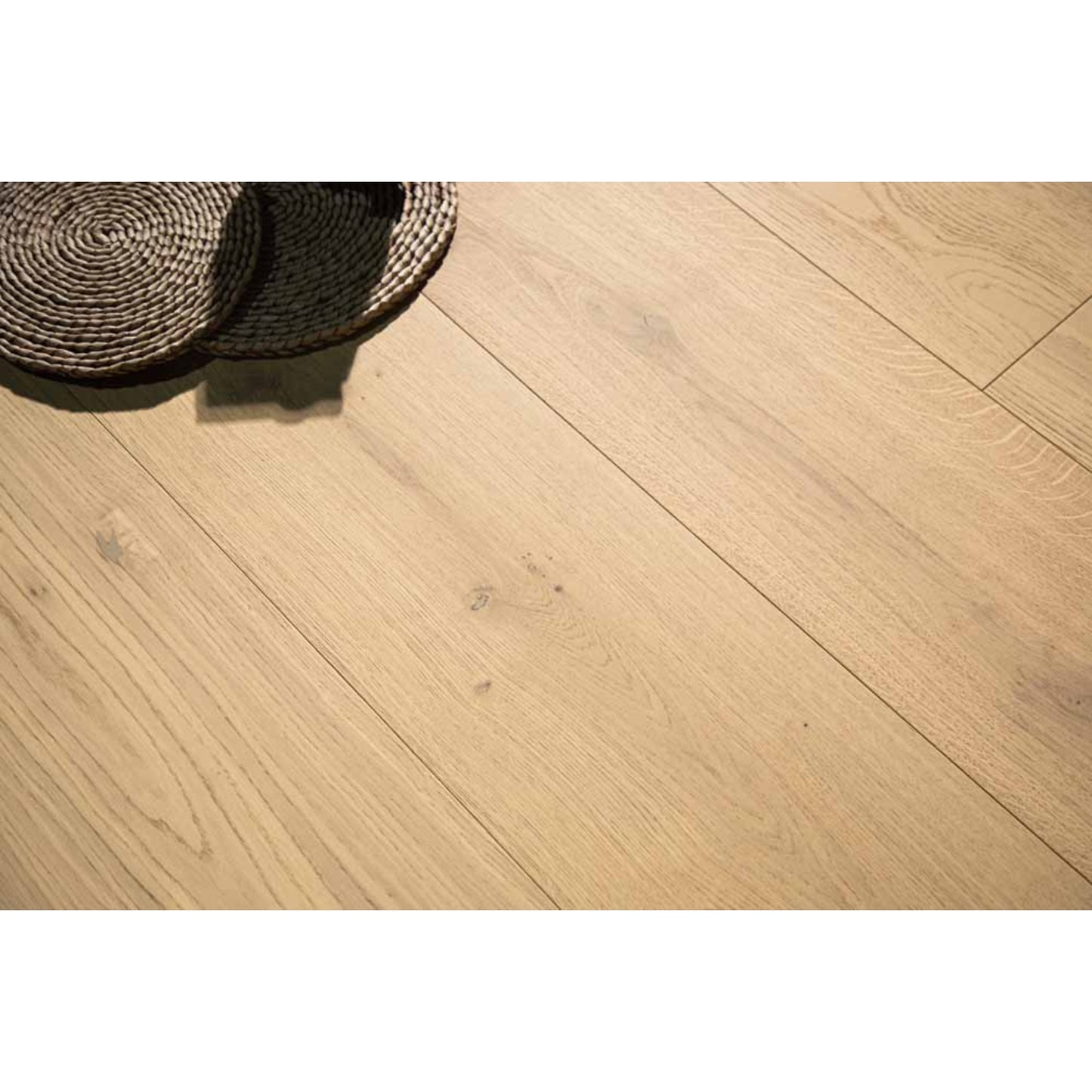 Close-up texture of brushed finish and natural knots on Stella 807 smoked espresso oak plank.