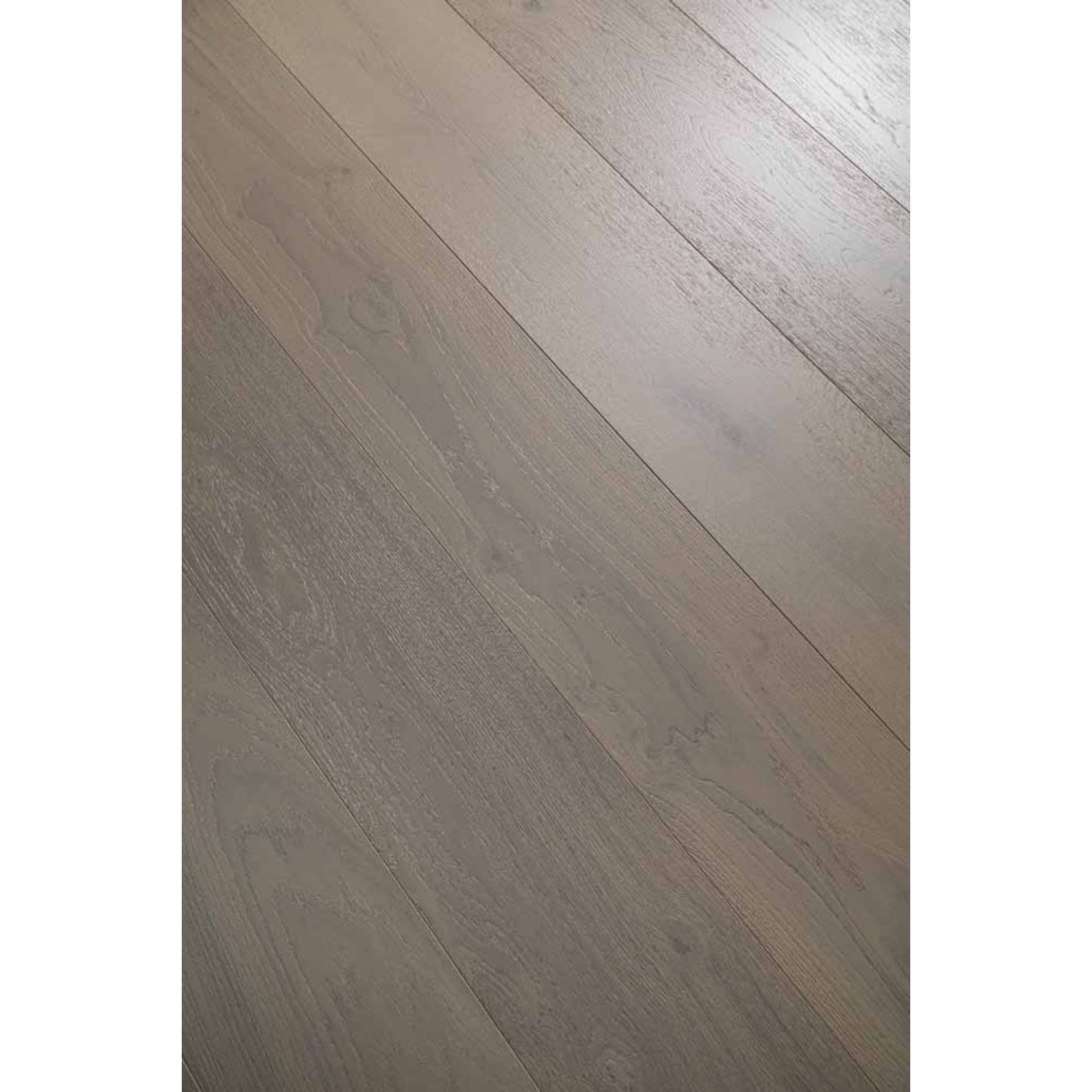 Close-up texture of brushed finish and natural knots on Stella 809 midnight walnut oak plank.