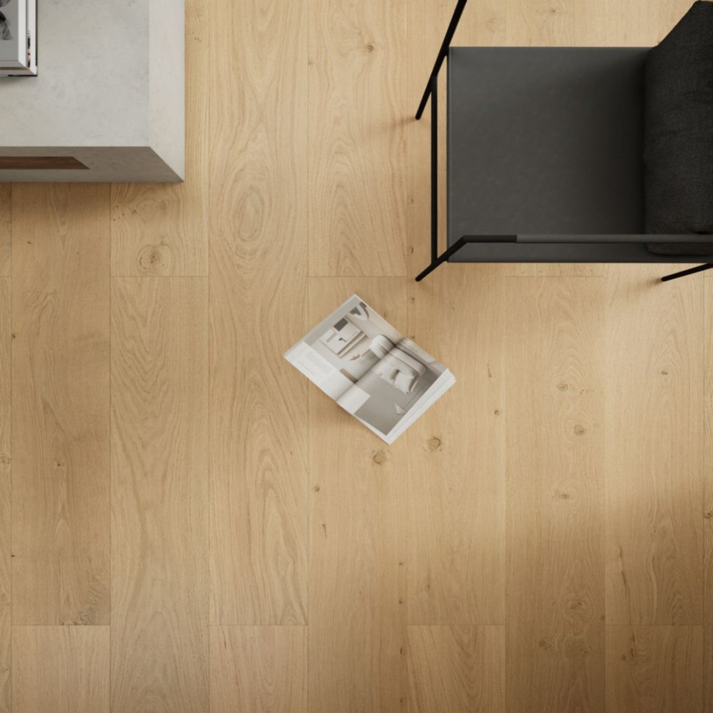 Stella 804 10.24-inch super-wide roasted pecan oak engineered wood flooring planks showing character grade.