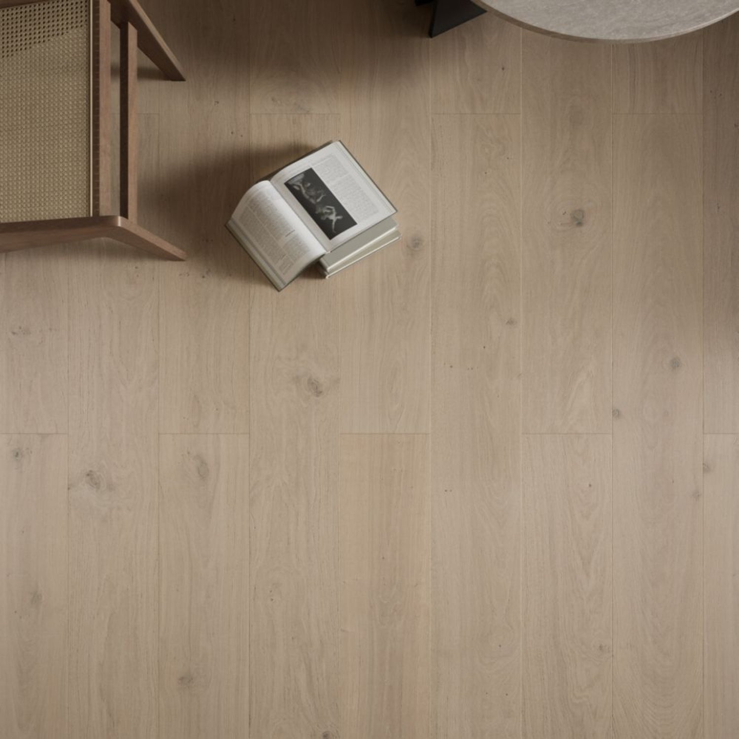 Stella 803 10.24-inch super-wide toasted almond oak engineered wood flooring planks showing character grade.