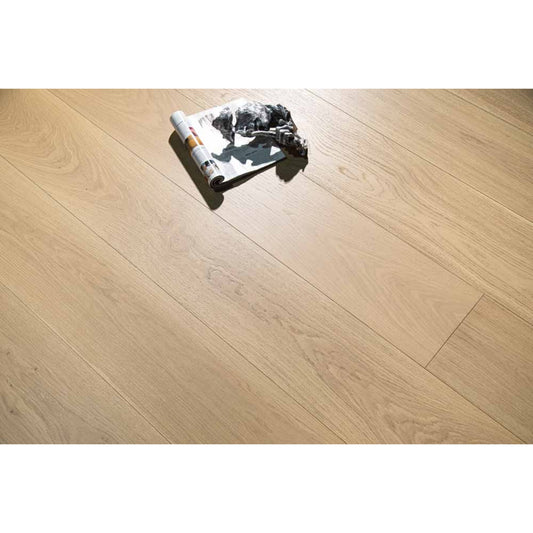 Stella 816 10.24-inch super-wide washed distressed greige oak engineered wood flooring planks showing character grade.