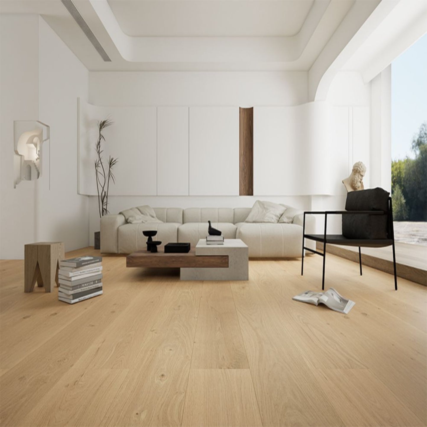 Luxury living room featuring Stella 804 super-wide roasted pecan oak engineered hardwood floor.